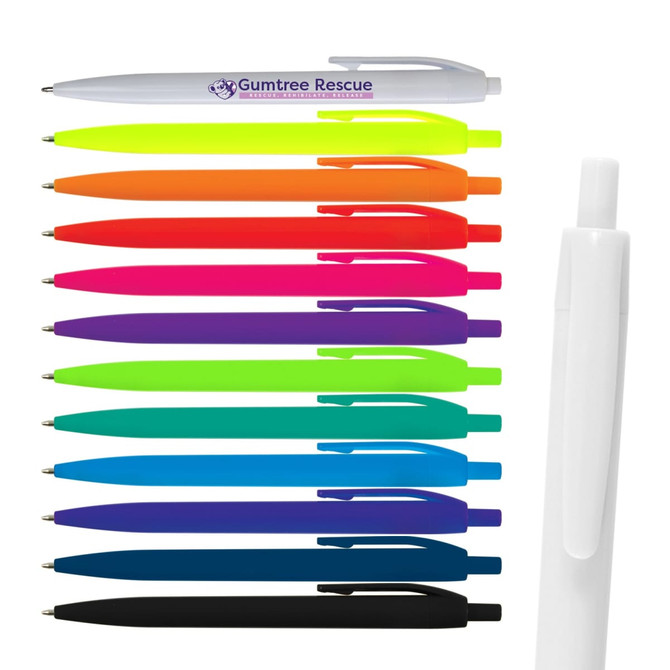 A collection of Javelin pens in various bright colours, including white and black, with a logo on one pen.