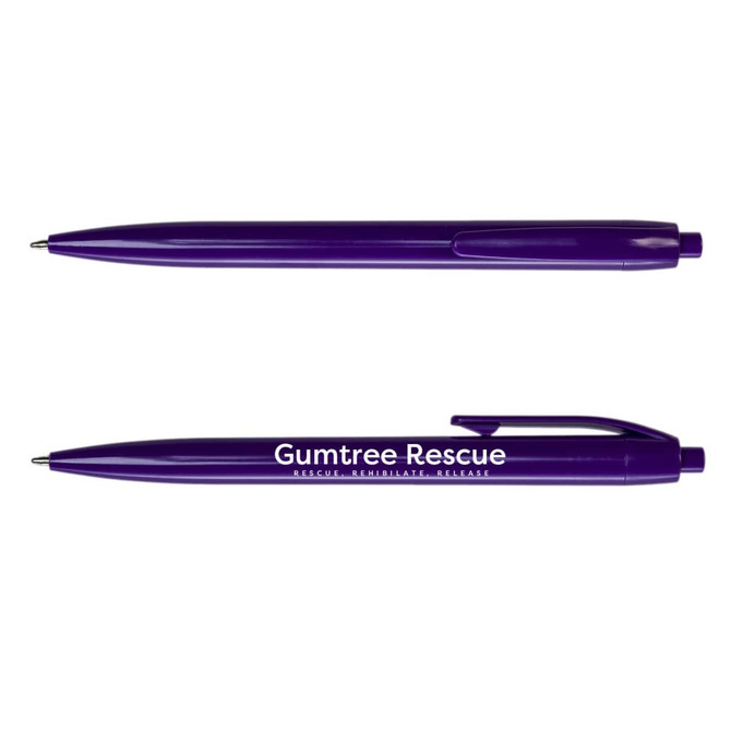 A purple plastic pen with a clip and a logo. It features a sleek design and a retractable tip.