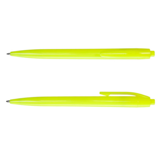 A set of bright yellow plastic pens, featuring smooth barrels and clip designs. Each pen has a point for writing.