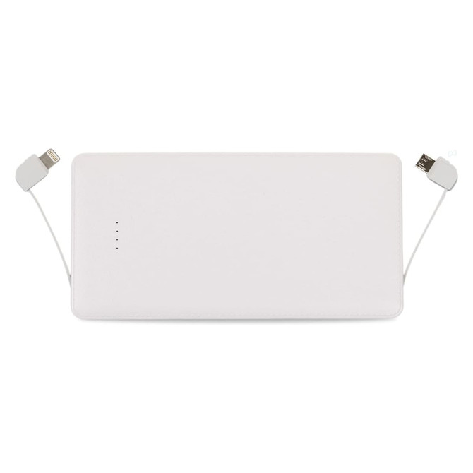 A white power bank with built-in cables for charging devices. It features an unobtrusive logo and indicator lights.