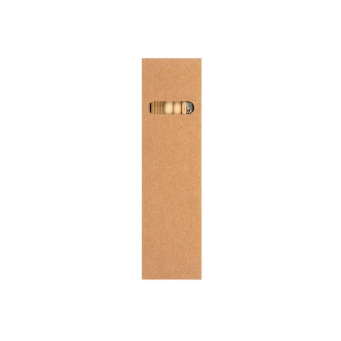 A brown kraft box containing wooden stationery items, featuring a cut-out window to view the contents.