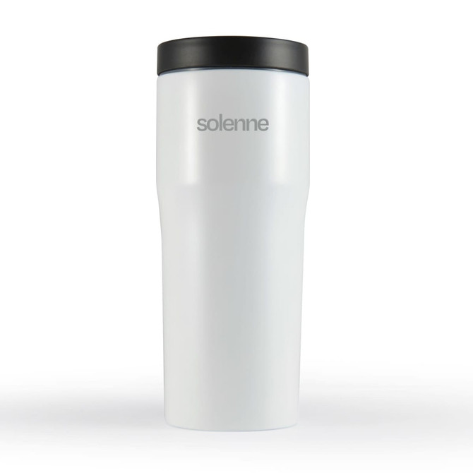 A drink bottle in white with a black lid and a simple logo, designed for travel mug use.