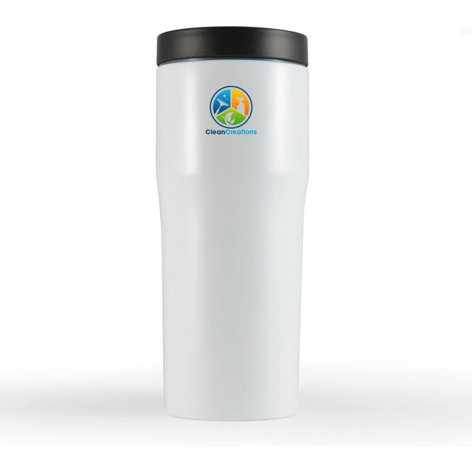 A drink bottle in white with a black lid, featuring a circular logo on the front.