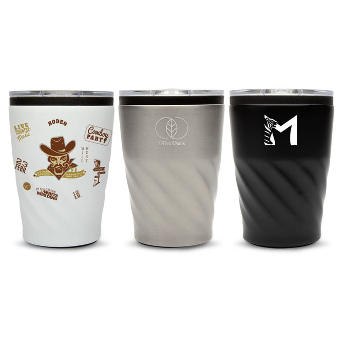 Three reusable coffee cups in white, stainless steel, and black, each with unique designs and logos.