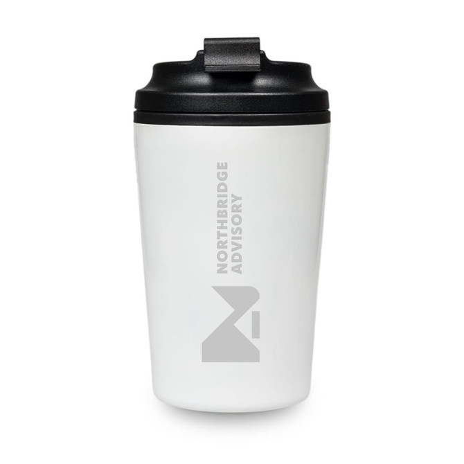 A reusable coffee cup in white with a black lid, featuring a logo on the front.