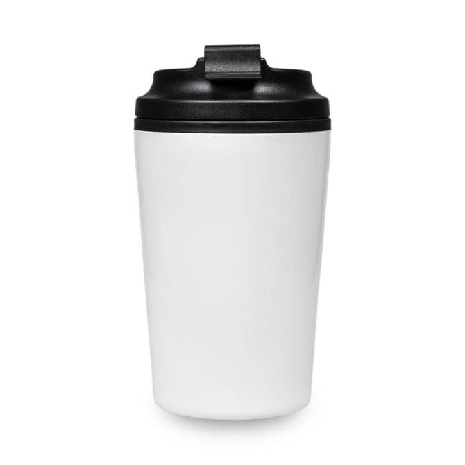 A reusable coffee cup in white with a black lid and a logo, designed for convenient beverage transport.