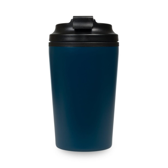 A reusable coffee cup in a deep blue hue with a black lid and a logo on the side.