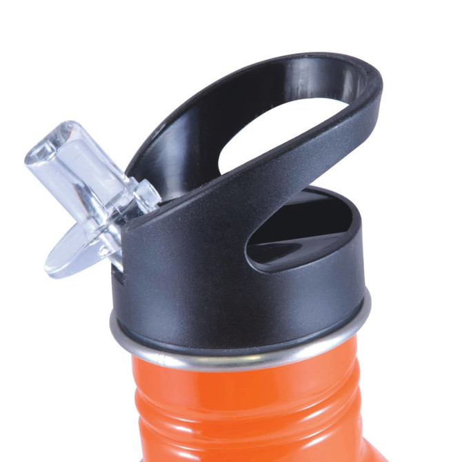 A drink bottle with an orange body and a black lid featuring a flip-top spout for easy sipping.