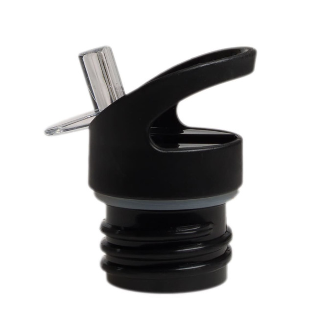 A drink bottle cap in black with a spout and clear plastic cover, designed for easy pouring.