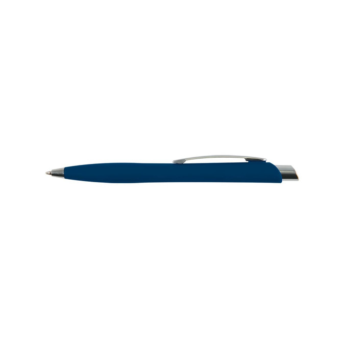 A blue plastic pen with a silver clip, featuring a sleek design and a branding logo.