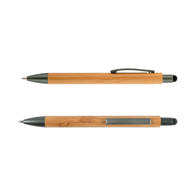 A bamboo pen and stylus in natural tones with grey accents, featuring a clip and a soft tip for touchscreen use.