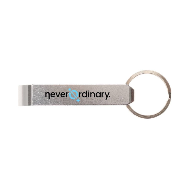 A drink bottle opener keytag in metallic silver with a circular keyring and a logo.