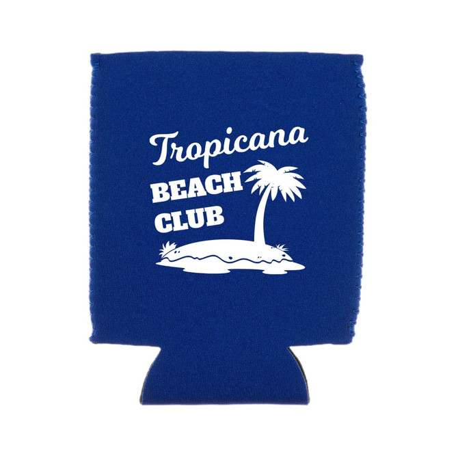 A blue stubby holder featuring a palm tree design and a logo. Ideal for keeping drinks cool.