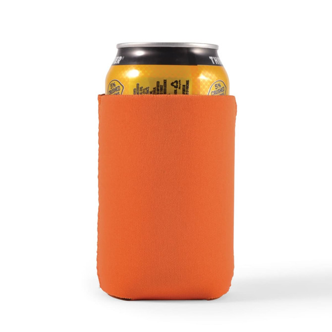 An orange stubby cooler for keeping drinks cold, featuring a can inside. It has a simple design and a logo.