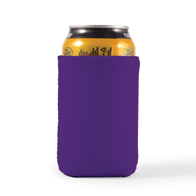 A purple stubby cooler encasing a can, featuring a logo on its surface.