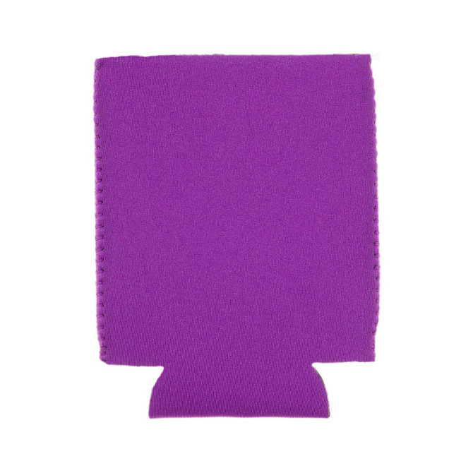 A purple stubby cooler featuring a brand logo, designed to keep drinks cool.