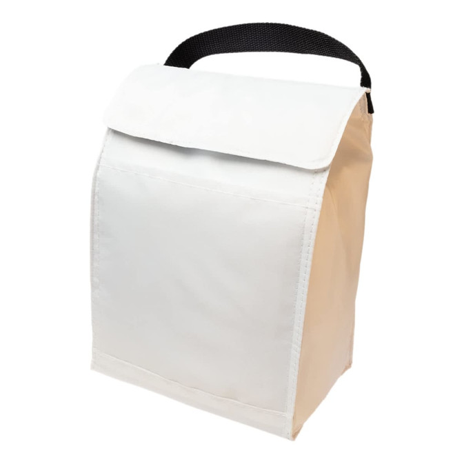 A Sumo Cooler Lunch Bag featuring a simple, classic design with a white exterior and a black handle for easy carrying.