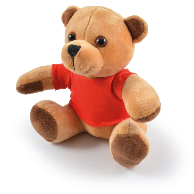 A plush teddy bear in a red shirt, featuring brown fur and black eyes, sitting upright against a white background.