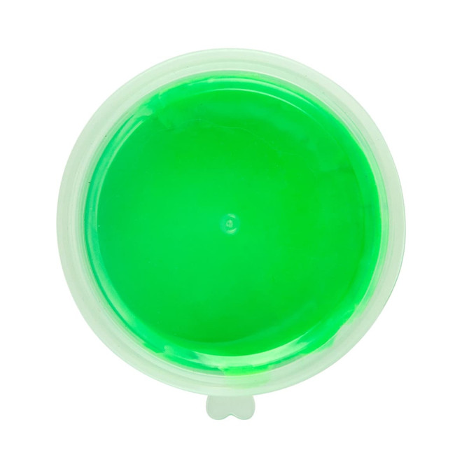 A round container of bright green putty with a translucent lid, featuring a simple, smooth surface.