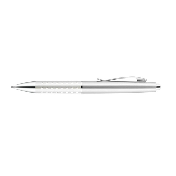 A metal pen in silver and white with a textured grip and a clip. Features branding on the side.