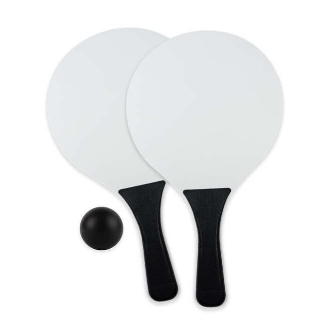 A paddle and ball set featuring two white paddles with black handles and a black ball. It has a logo on the paddles.
