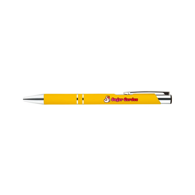 A yellow metal pen with a silver clip and a logo. Ideal for writing and promotional use.