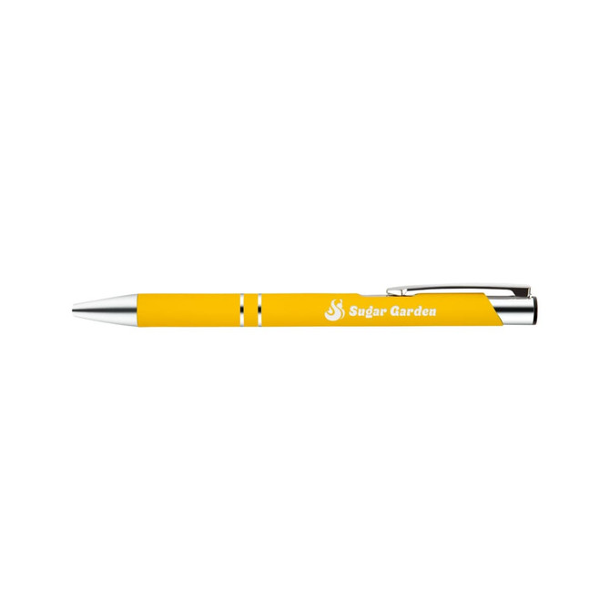 A yellow metal pen with a silver trim and a logo. Designed for writing.