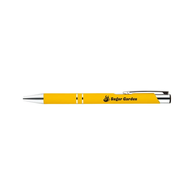 A yellow metal pen with silver accents and a logo on the barrel.