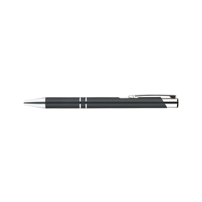 A metal pen in dark grey with silver accents and a clip, featuring a sleek, streamlined design.