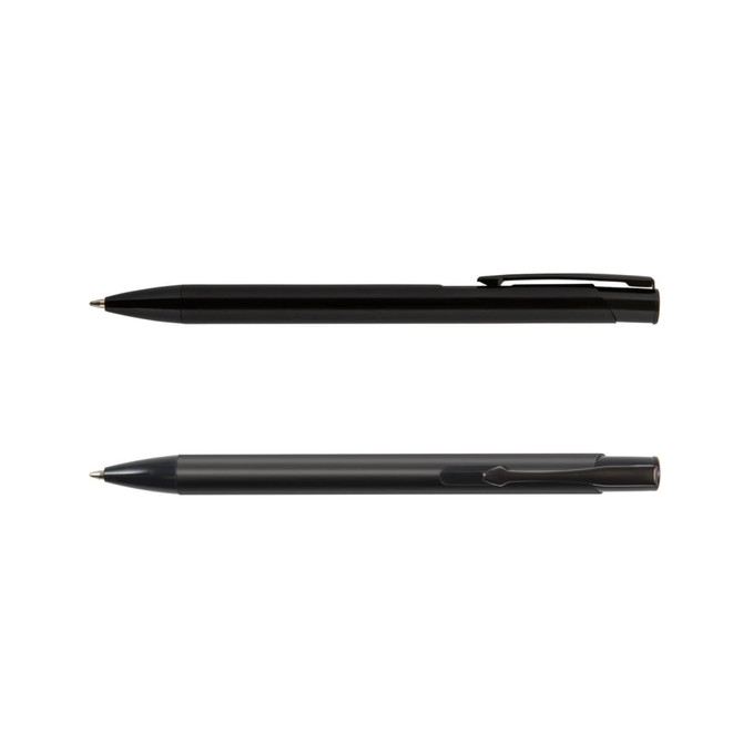 A set of black metal pens, showcasing a sleek design with a clip. Both pens have a shiny finish.