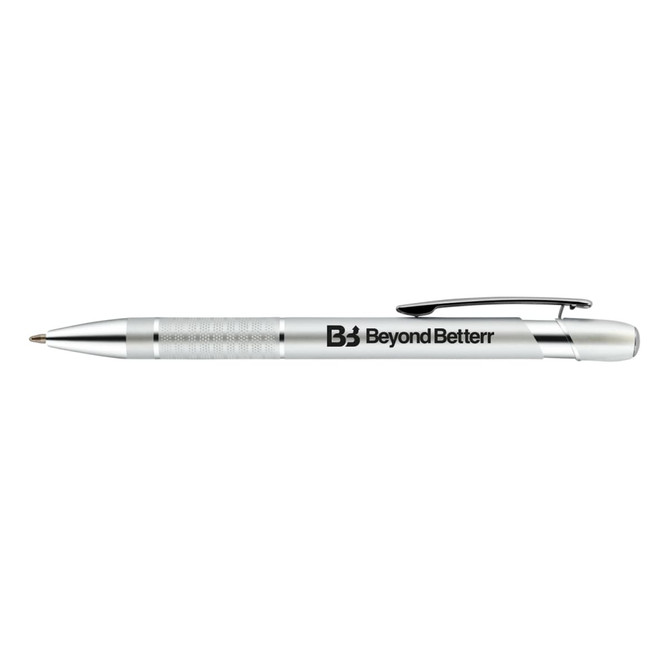 A silver aluminium pen with a textured grip and clip, featuring a logo on the side.