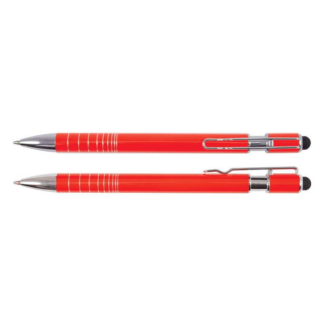A red Helix pen and stylus, featuring chrome accents and a logo, laid out side by side on a white background.
