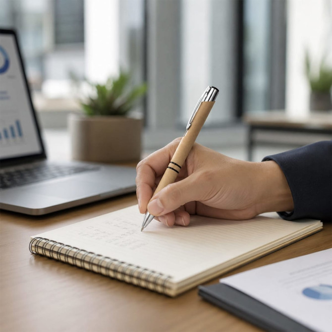 A hand holds a tan Napier Paper Pen over a notepad on a wooden desk, with a laptop and plants in the background.