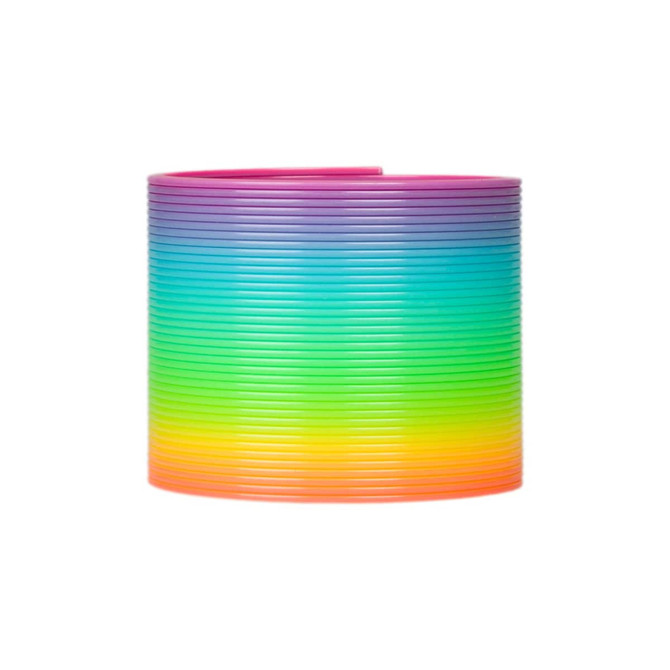 A stack of rainbow-coloured spring toys featuring vibrant hues of pink, blue, green, yellow, and orange.