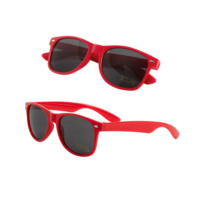 Red sunglasses with dark lenses, featuring a classic design and a small logo on the side.
