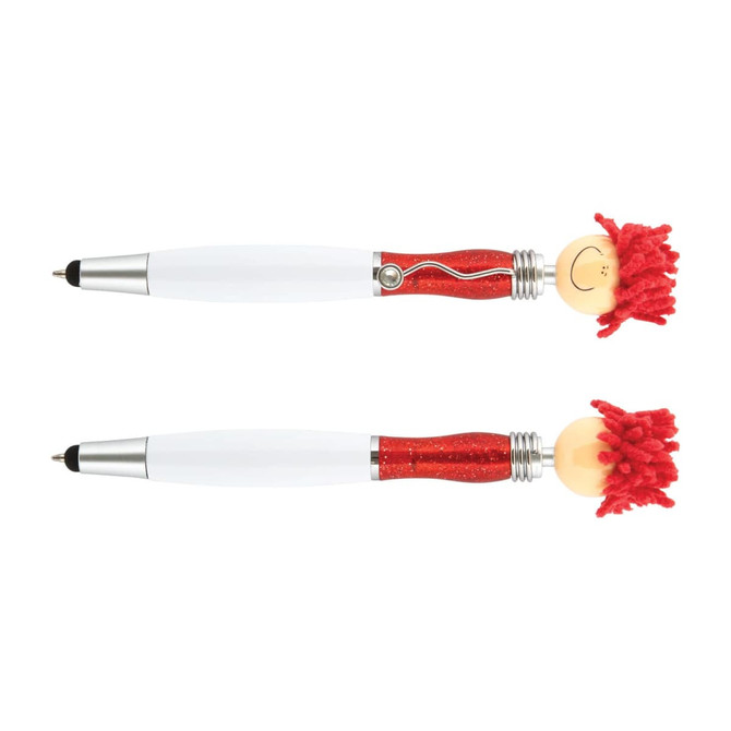 A stylus pen with a white barrel and a red glittery design, featuring a fun pom-pom head and a smiley face.