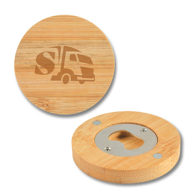A drink bottle opener coaster made of bamboo with a circular design and a metallic bottle opener inset.