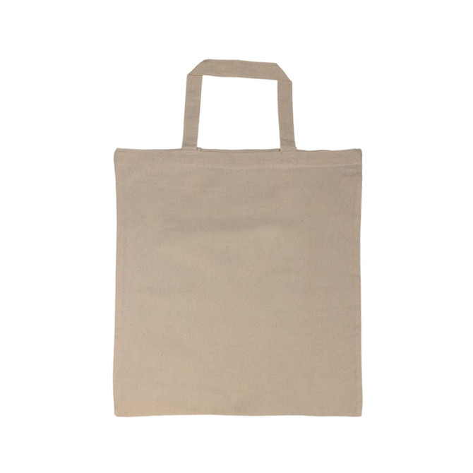 A beige reusable grocery bag with short handles, featuring a simple design and no visible logos.