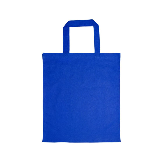 A blue cotton tote bag with short handles.