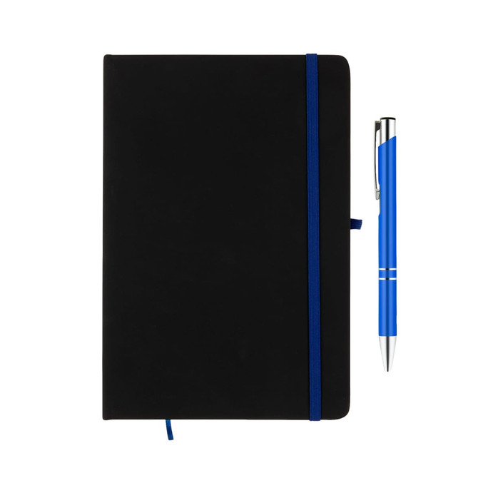 A black notebook with a blue elastic band and a blue pen positioned alongside it, featuring a logo.