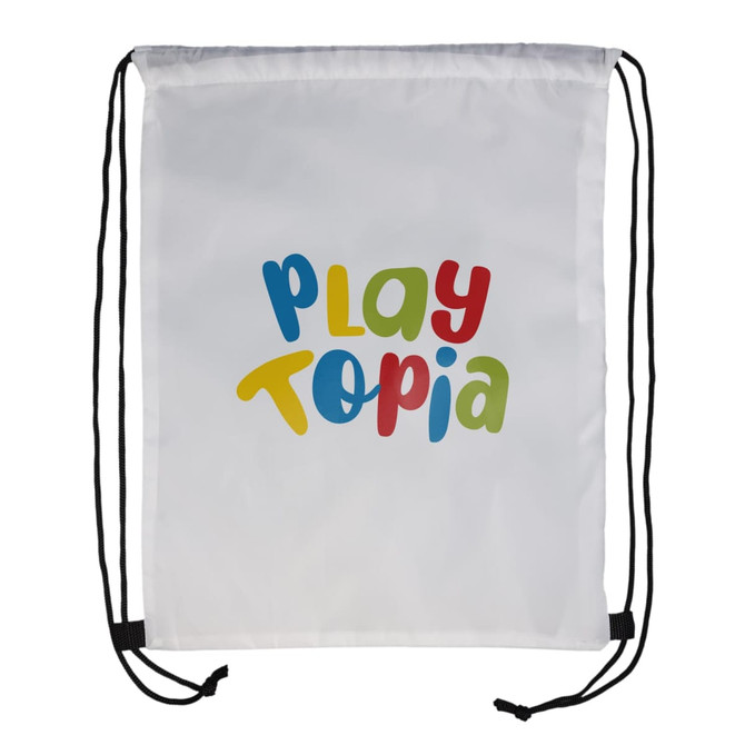 A drawstring backpack featuring the colorful text "Play Topia" prominently displayed on a white background.