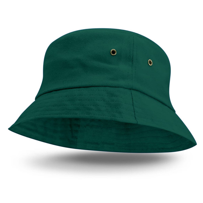 A green Bondi bucket hat with a wide brim and ventilation eyelets. It features a logo on the side.