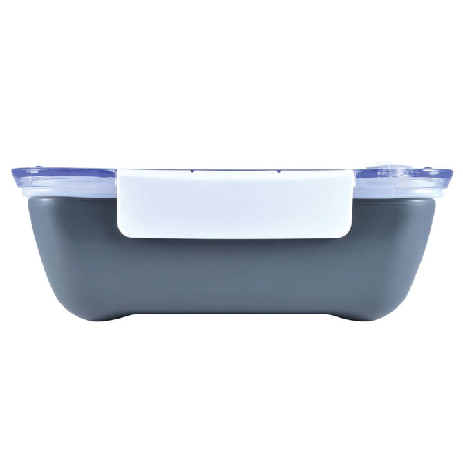 A Zest Lunch Box featuring a sleek gray body and a transparent lid with a secure locking mechanism.