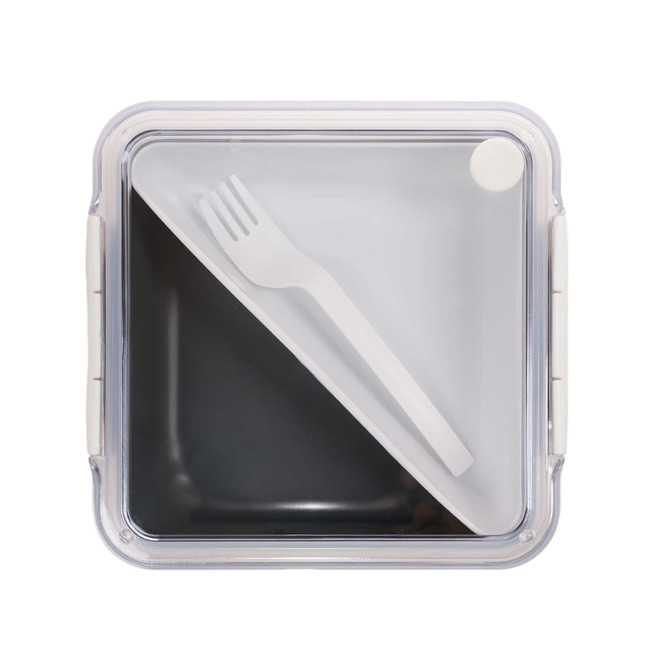 A square, transparent lunch box with a white lid and a plastic fork inside. It has a logo on the lid.