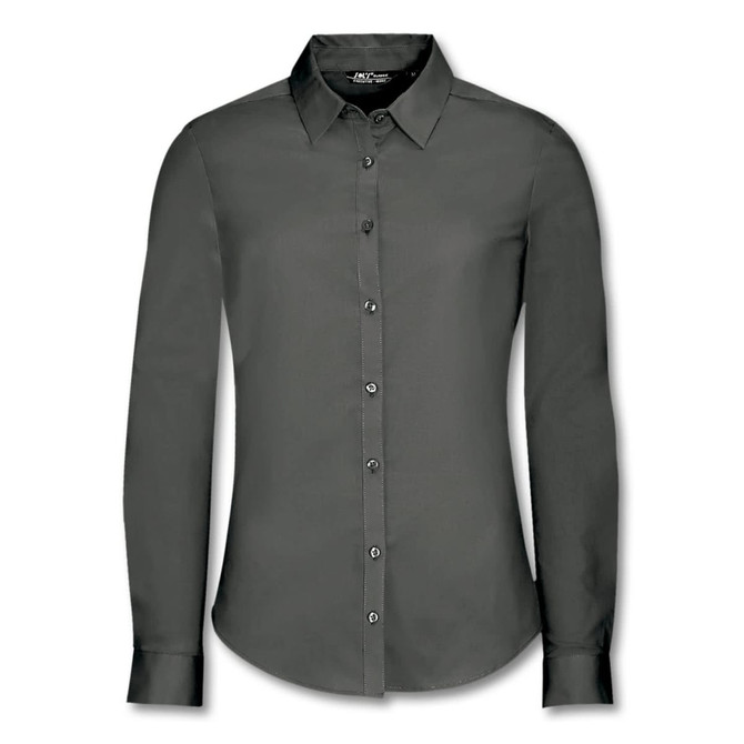 A dark grey women's long sleeve button-up shirt with a collar and front buttons. Features a logo on the label.