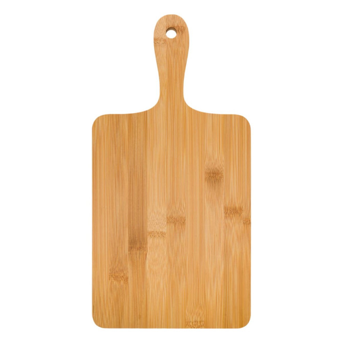 A bamboo serving board with a rectangular shape and a hanging hole at the top. It features a smooth, natural wood finish.