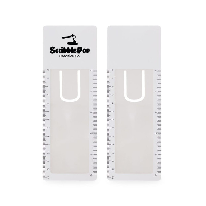 A translucent white bookmark magnifier ruler with a logo, featuring measurement markings on one side.