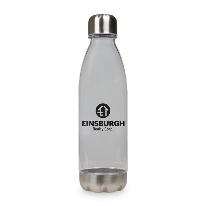 A drink bottle made of clear plastic with a stainless steel lid and a logo on the front.