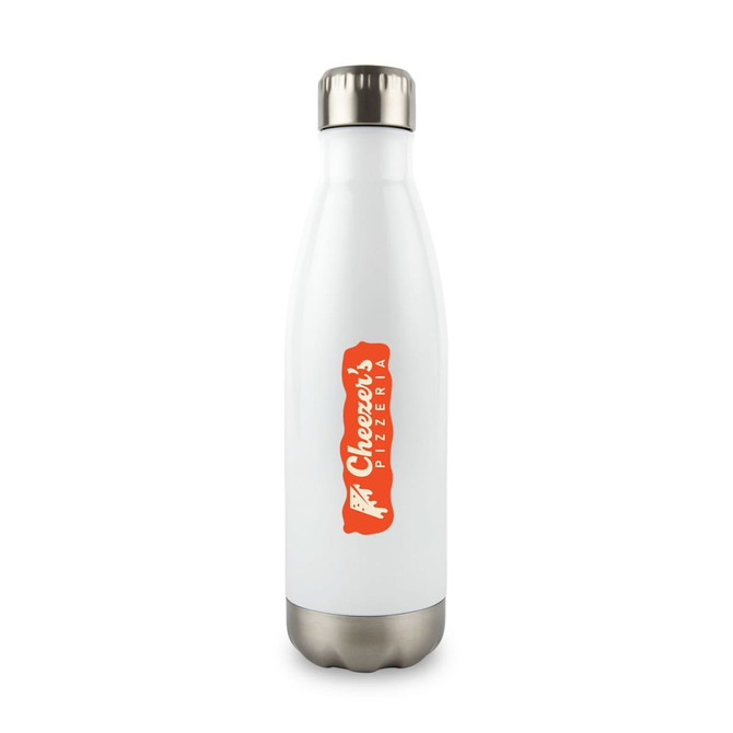 A drink bottle in white with a metal cap and a logo, designed for keeping beverages cold.