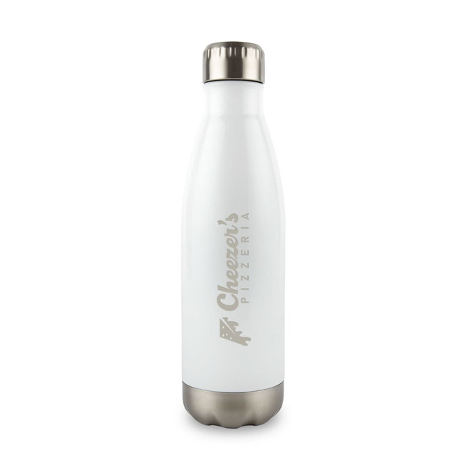 A drink bottle with a white body and silver lid, featuring a logo on the side.